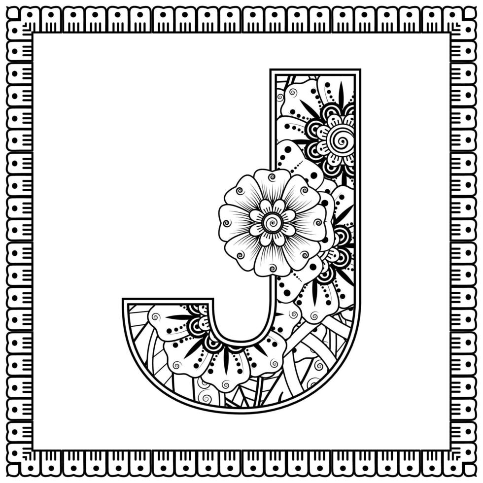 Letter J made of flowers in mehndi style. coloring book page. outline hand-draw vector illustration.