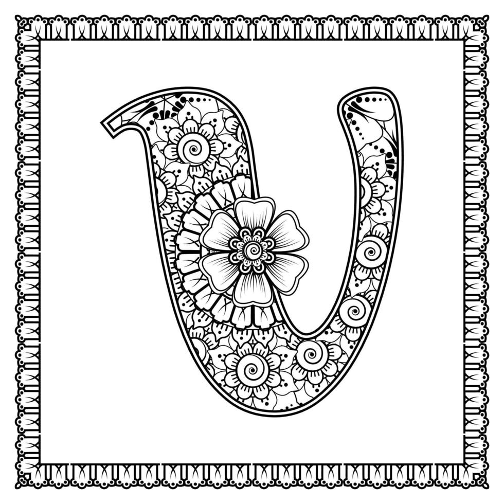 letra v hecha de flores en estilo mehndi. página de libro para colorear. Ilustración de vector de dibujo a mano de contorno.