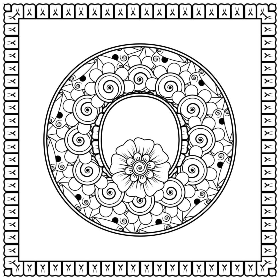 letra o hecha de flores en estilo mehndi. página de libro para colorear. Ilustración de vector de dibujo a mano de contorno.