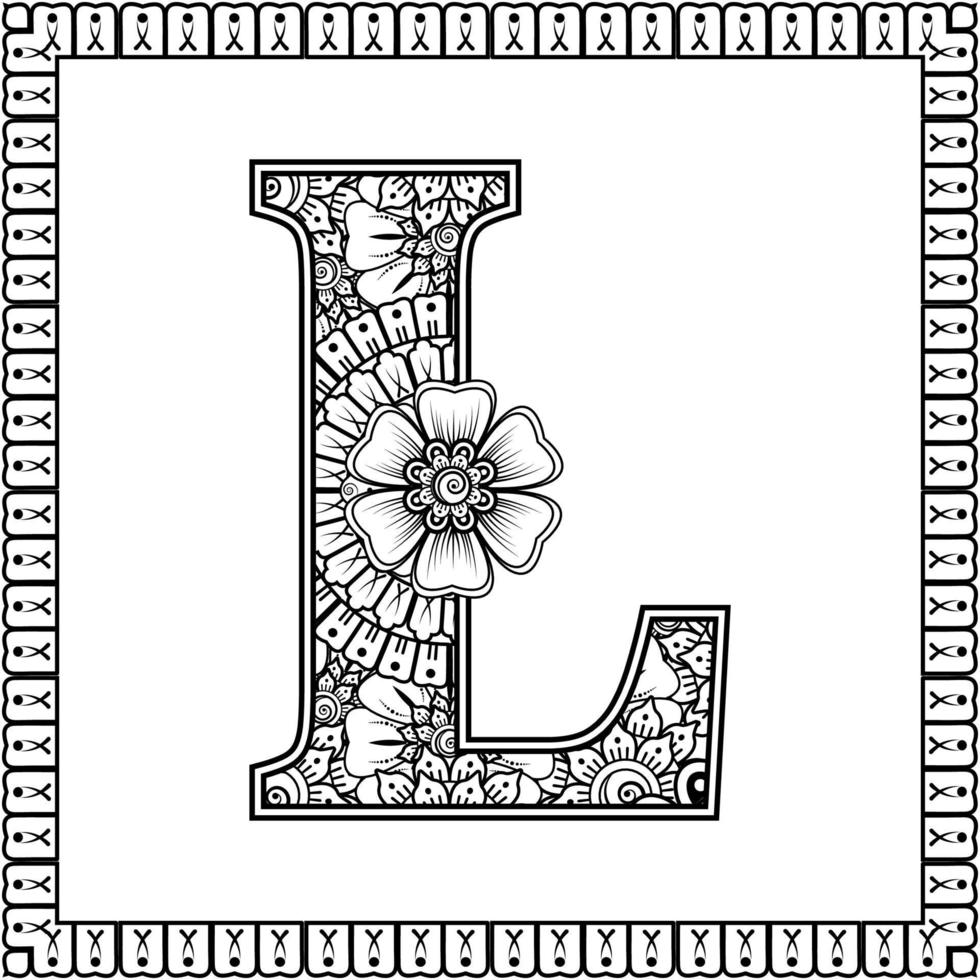 Letter L made of flowers in mehndi style. coloring book page. outline hand-draw vector illustration.
