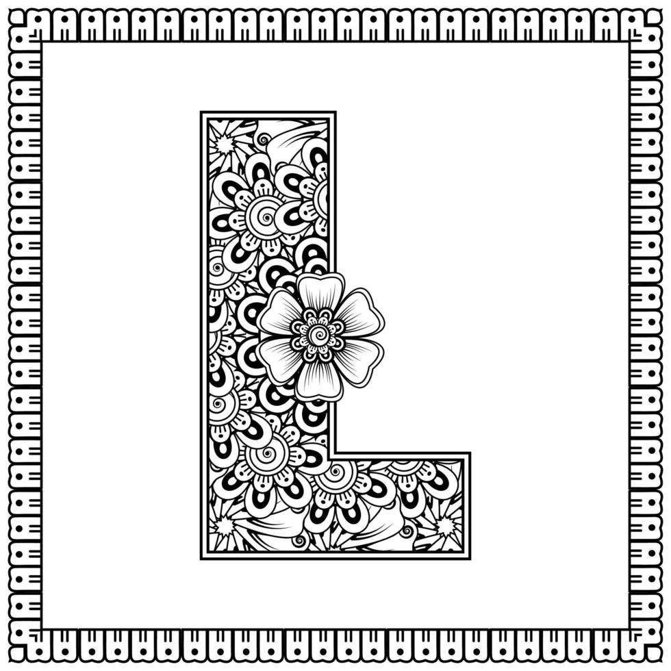 Letter L made of flowers in mehndi style. coloring book page. outline hand-draw vector illustration.