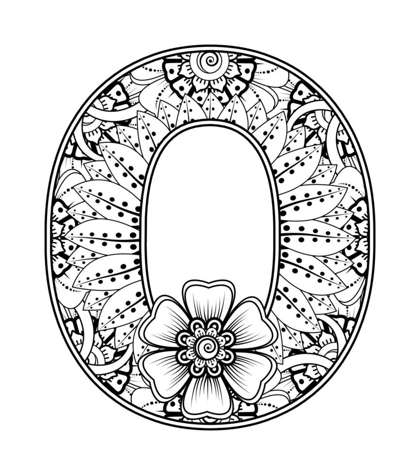 Letter O made of flowers in mehndi style. coloring book page. outline hand-draw vector illustration.