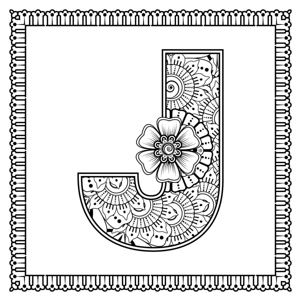 Letter J made of flowers in mehndi style. coloring book page. outline hand-draw vector illustration.