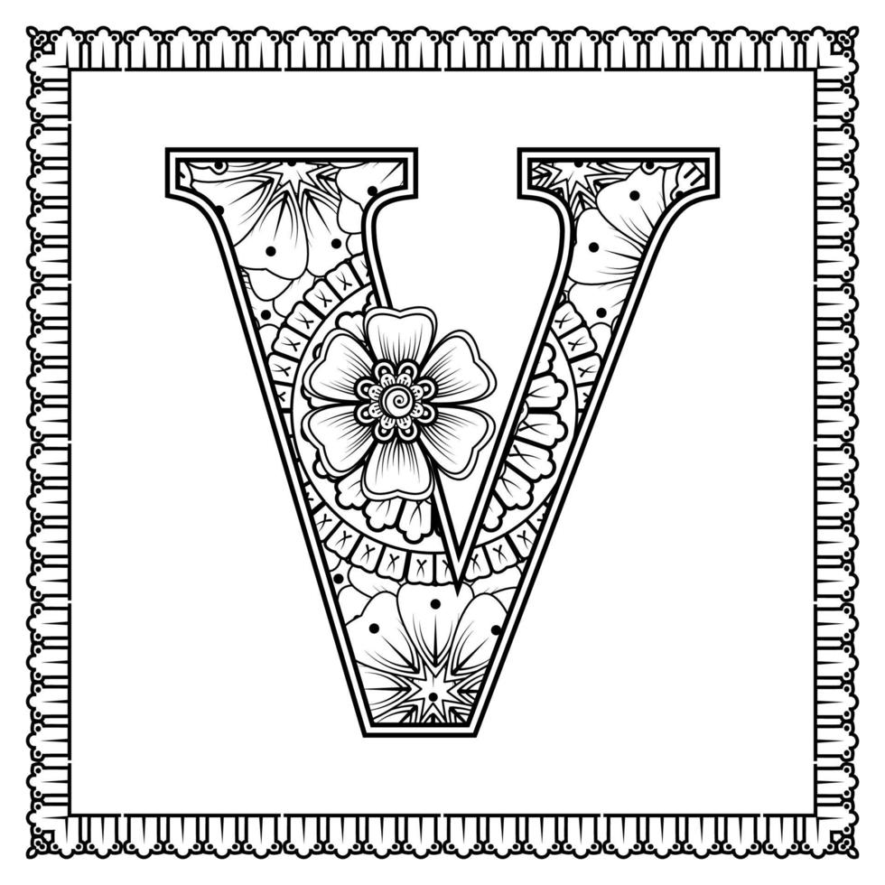 letra v hecha de flores en estilo mehndi. página de libro para colorear. Ilustración de vector de dibujo a mano de contorno.