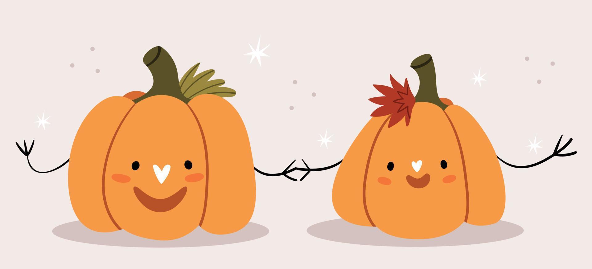 Two pumpkins in love hold hands. Cute picture for Halloween. vector