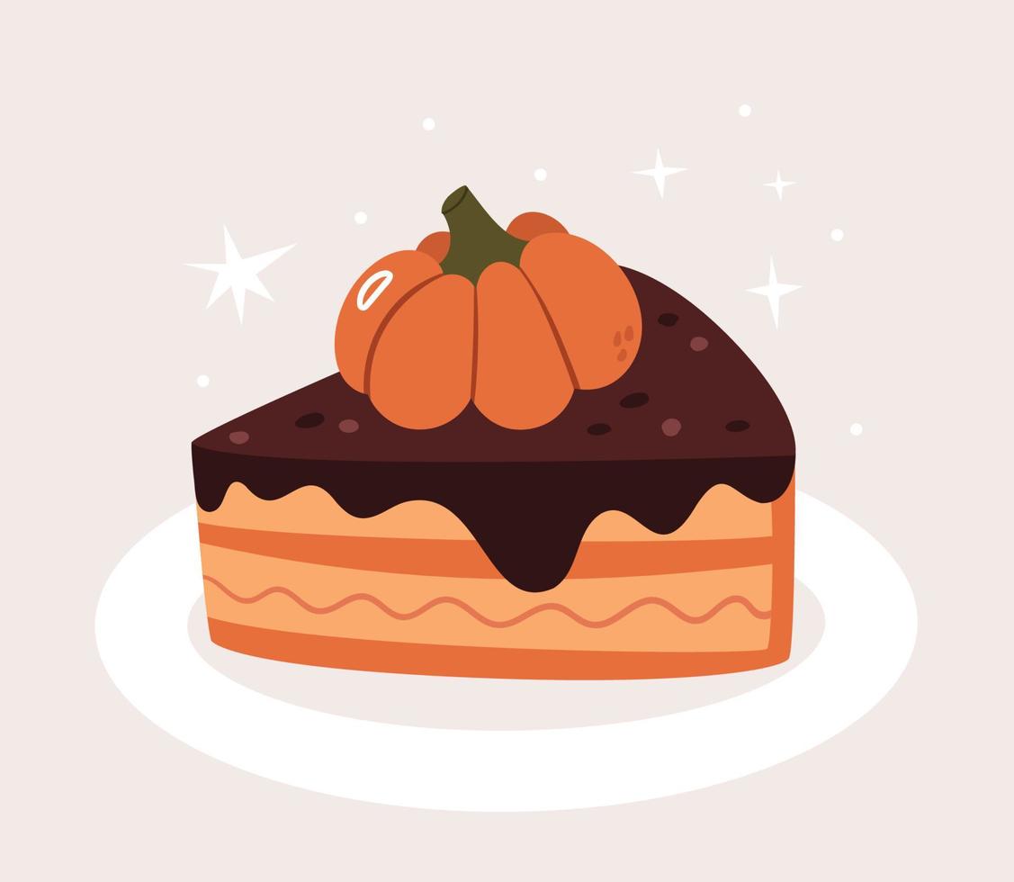 Pumpkin cake with chocolate on a white plate.Halloween food. vector