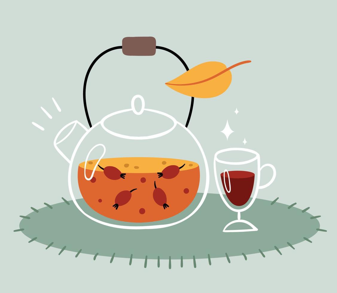 Rosehip tea in a transparent teapot. A glass of mulled wine. Warm autumn drink. vector