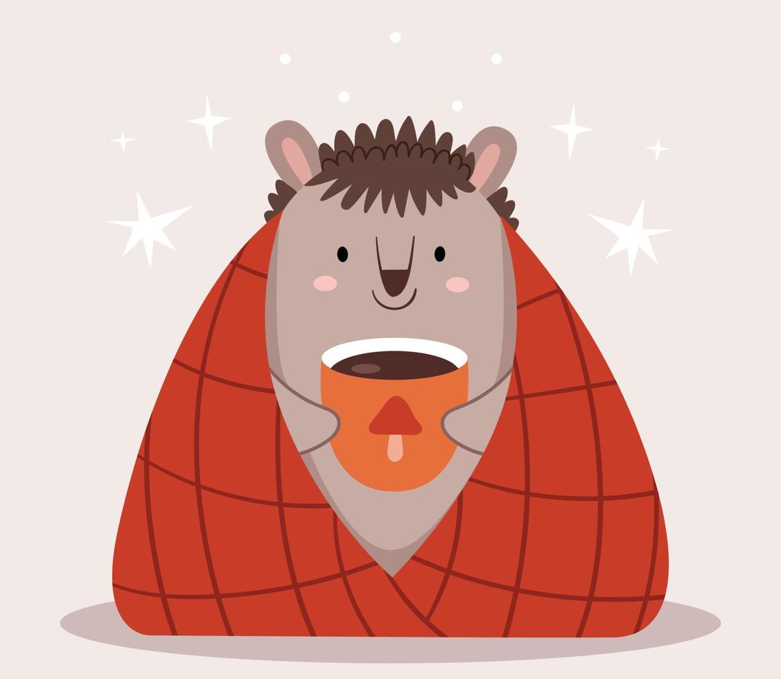 Cute hedgehog in a plaid drinks cocoa. Scandinavian autumn. Children's picture. vector
