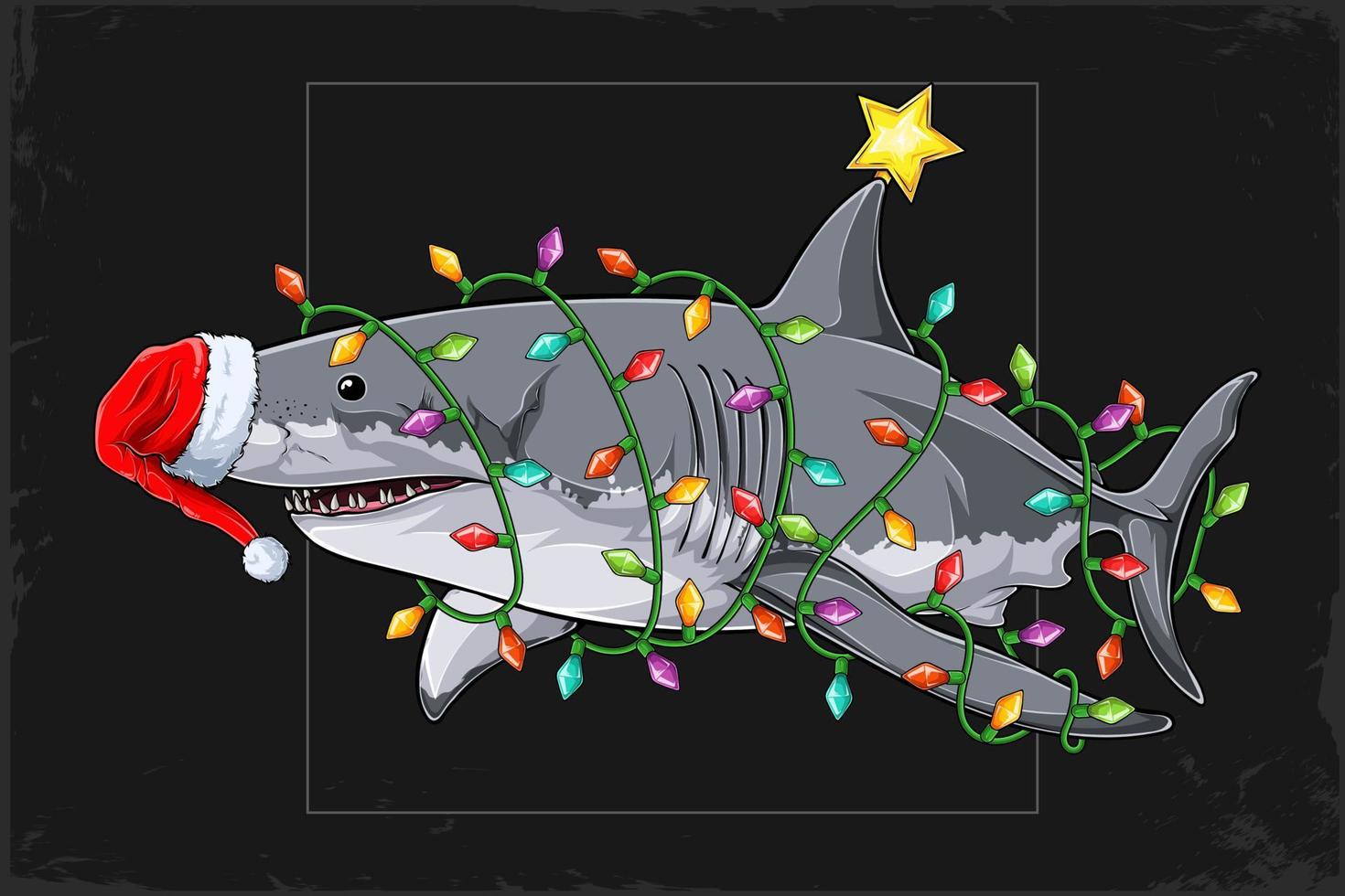 Christmas Great white Shark wearing Santa Claus hat and surrounded by