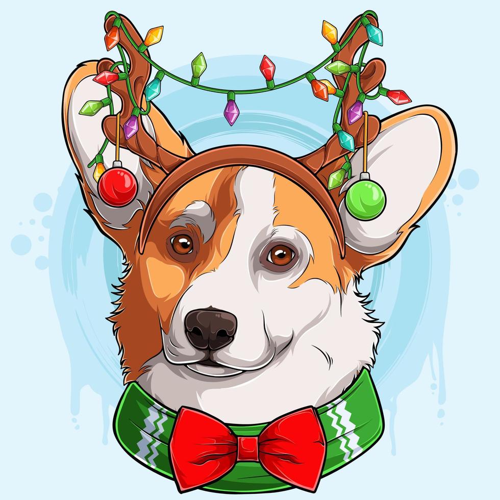 Funny Christmas Welsh Corgi Pembroke dog head wearing Reindeer antlers with lights Xmas Corgi dog vector