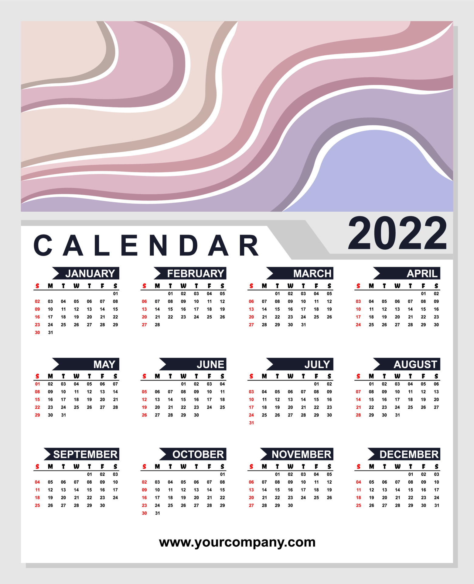 Calendario 2022 Horizontal - ilustración. Versión: vector de stock (libre  de regalías) 1991365067