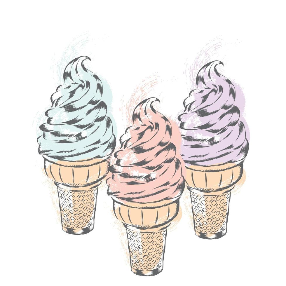 Ice cream painted by hand. Vector illustration. Postcard with dessert.