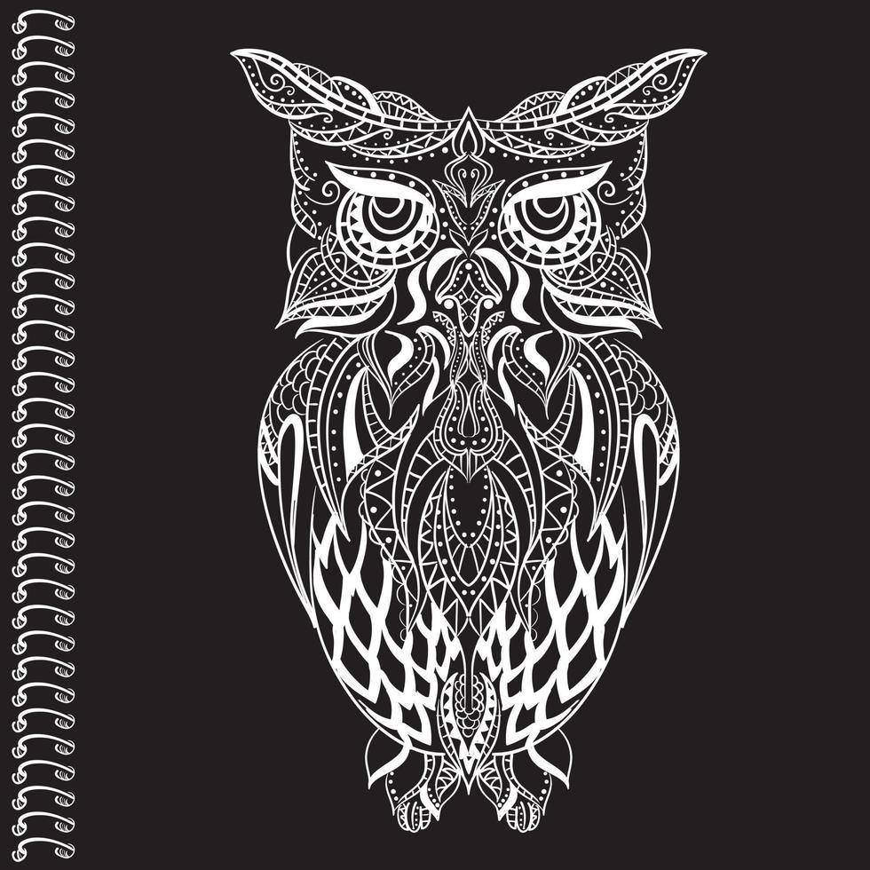 Beautiful illustration with an owl with patterns. Print for a postcard or poster, a sketch of a tattoo. vector