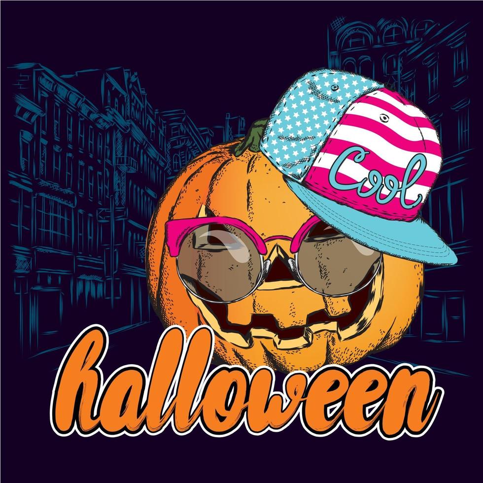 Halloween pumpkin in a cap and glasses, hipster. vector