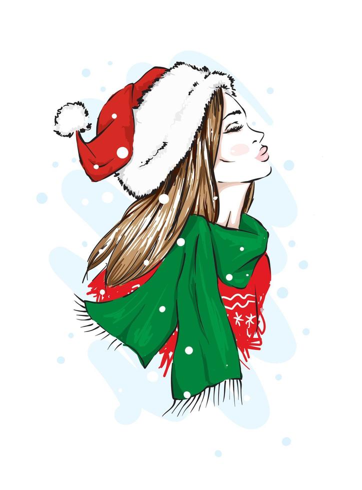 Beautiful girl in stylish clothes. New Year's and Christmas. vector