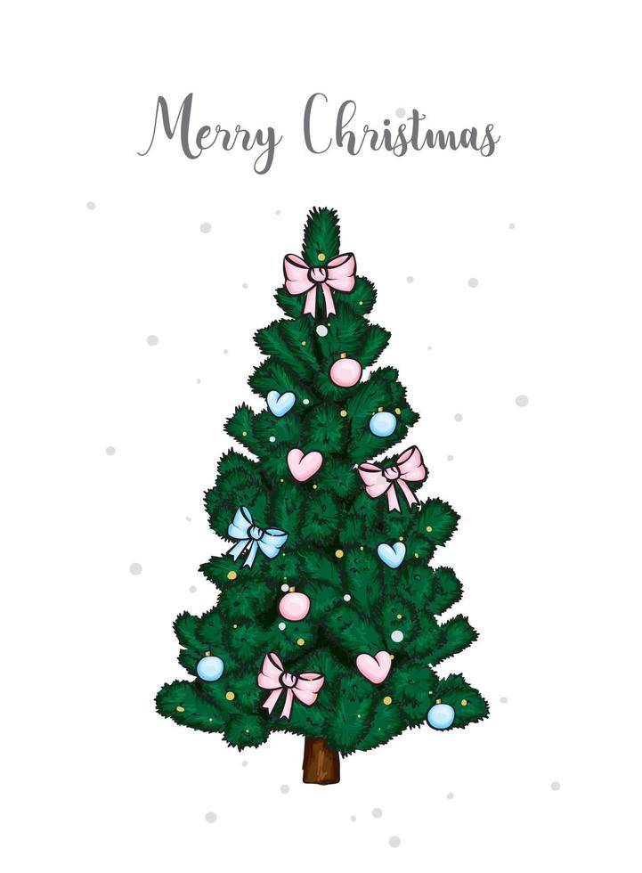 Beautiful Christmas tree and decorations. Vintage and retro, postcard or poster. vector