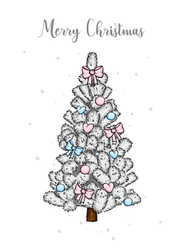 Beautiful Christmas tree and decorations. Vintage and retro, postcard or poster. vector