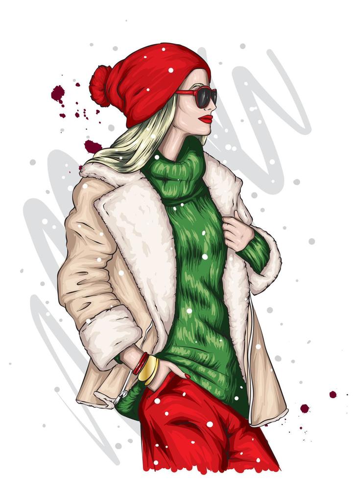 Beautiful girl in stylish clothes. New Year's and Christmas. vector