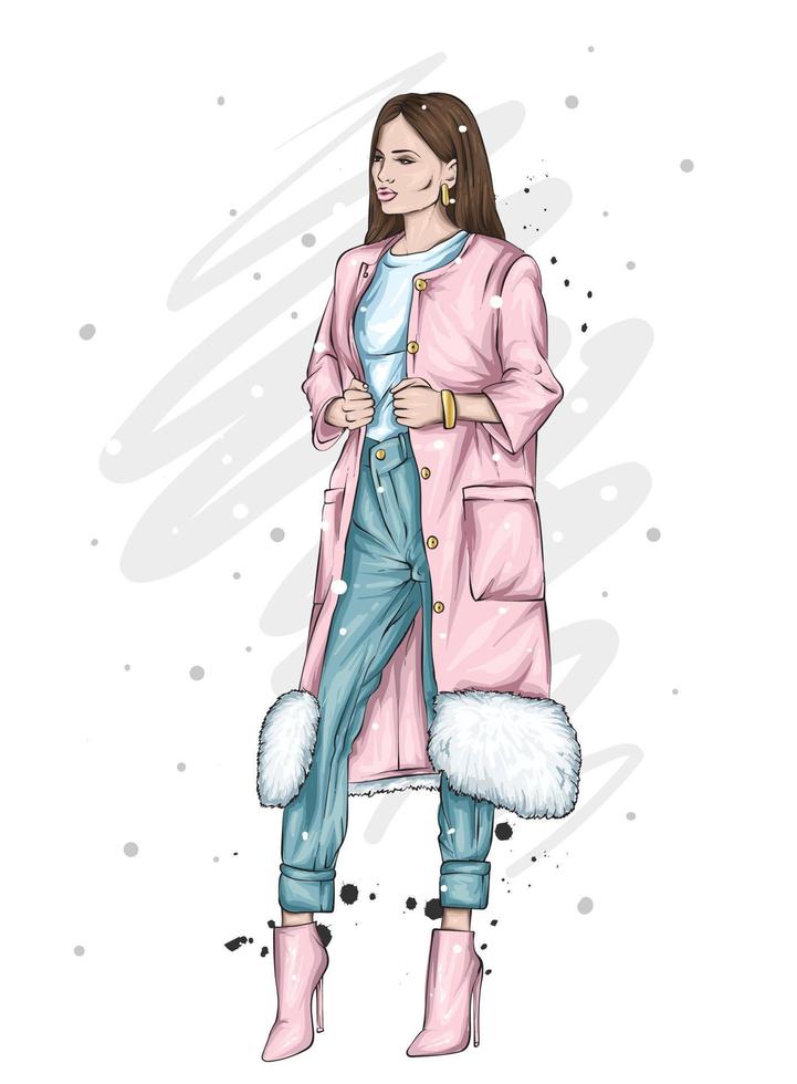 hermosa chica en ropa de invierno con estilo. año nuevo y navidad. moda y estilo. vector