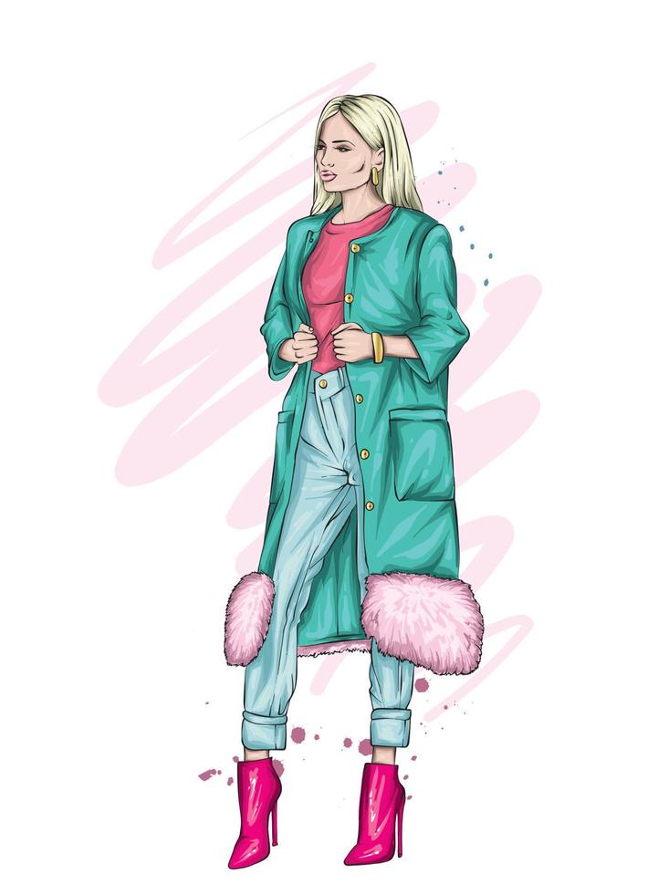 hermosa chica en ropa de invierno con estilo. año nuevo y navidad. moda y estilo. vector