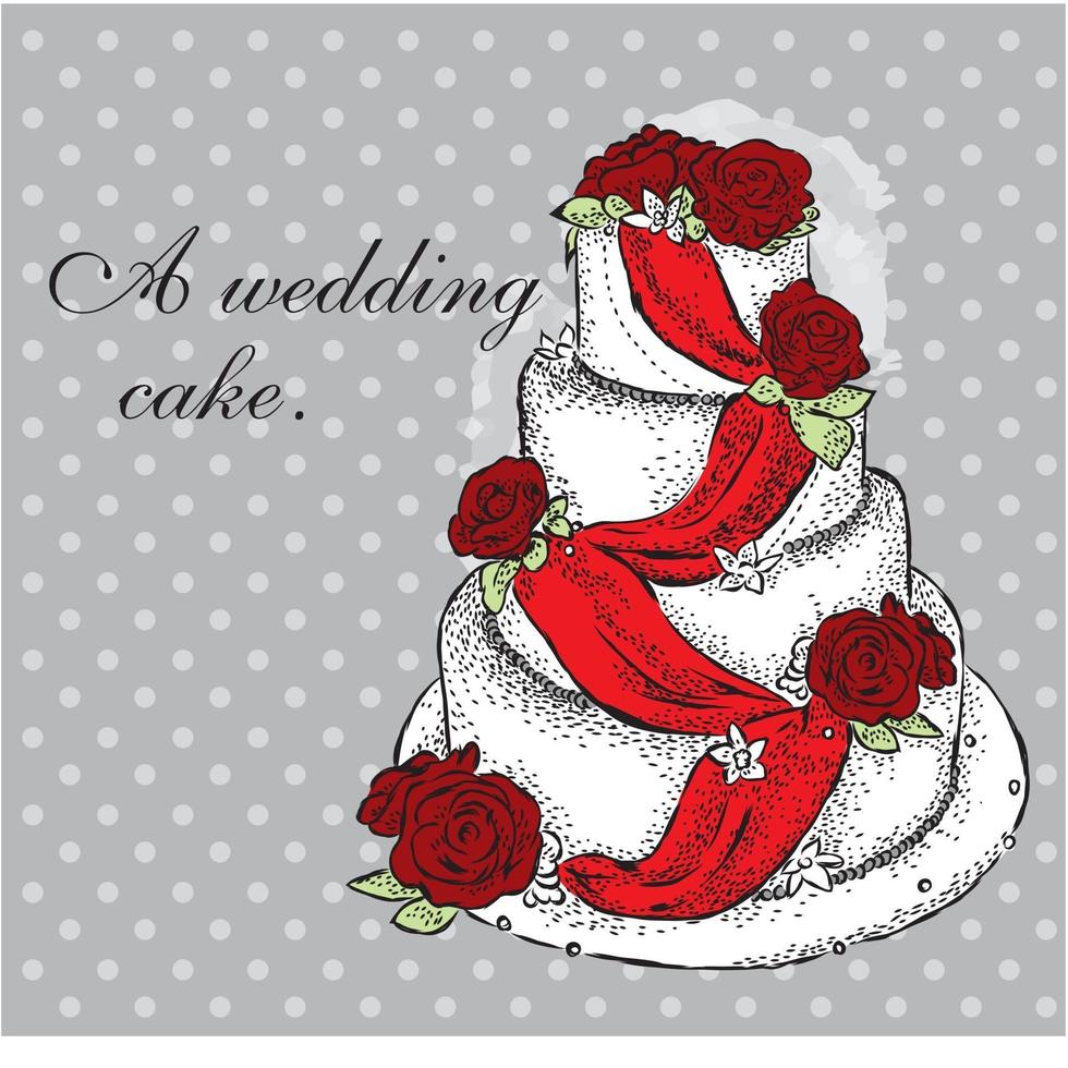 Beautiful wedding cake. Vintage vector illustration.