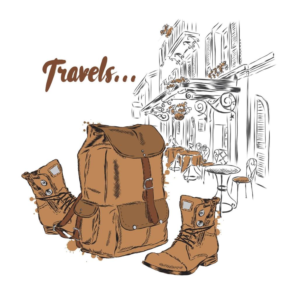 Stylish backpack and boots on a retro city background vector