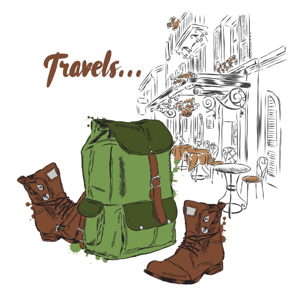 Stylish backpack and boots on a retro city background vector