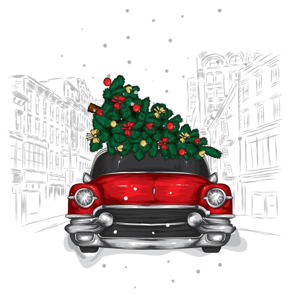 Beautiful retro car and Christmas tree. New year, postcard or poster. vector
