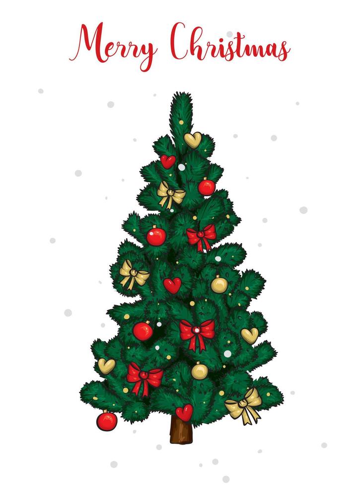 Beautiful Christmas tree and decorations. Vintage and retro, postcard or poster. vector