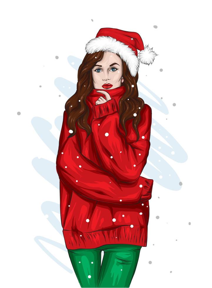 Beautiful girl in stylish clothes and a Christmas hat. Fashion and Style. vector