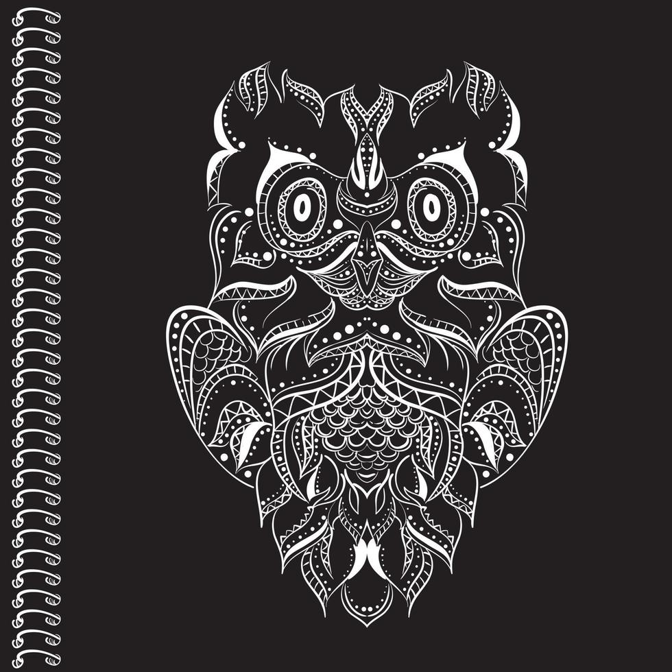 Beautiful illustration with an owl with patterns. Print for a postcard or poster, a sketch of a tattoo. vector