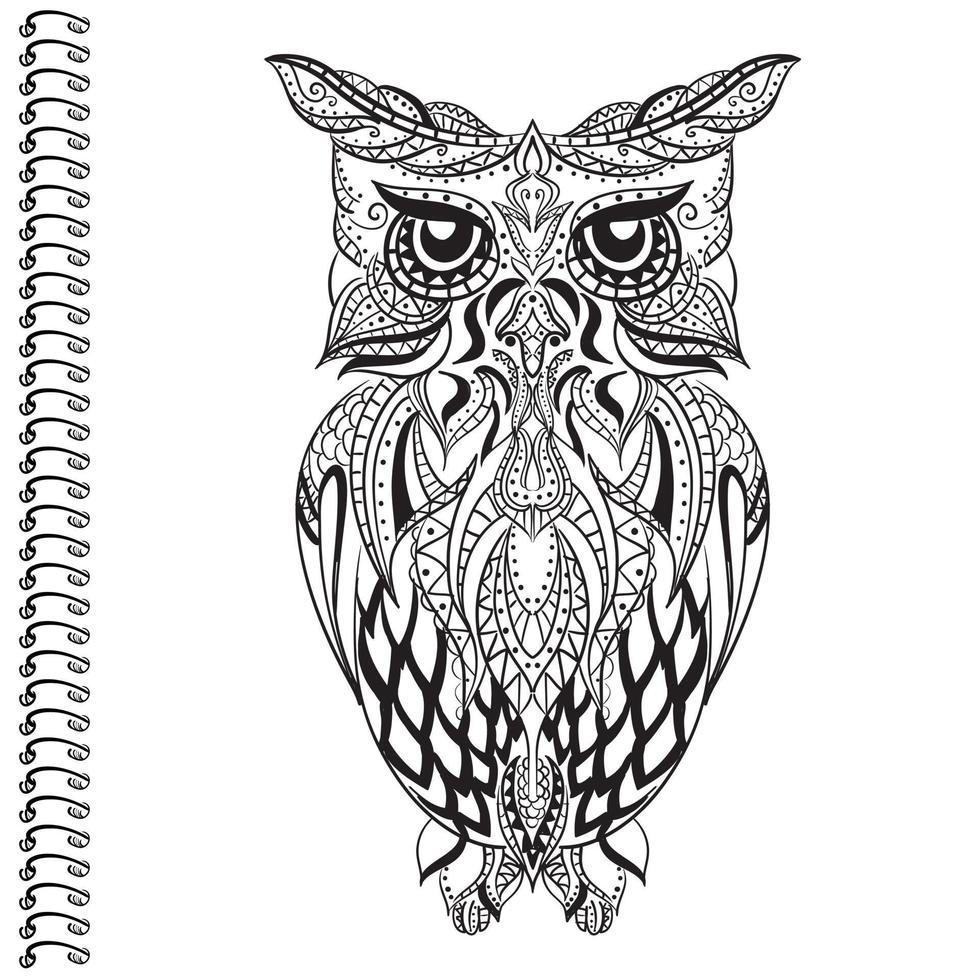 Beautiful illustration with an owl with patterns. Print for a postcard or poster, a sketch of a tattoo. vector