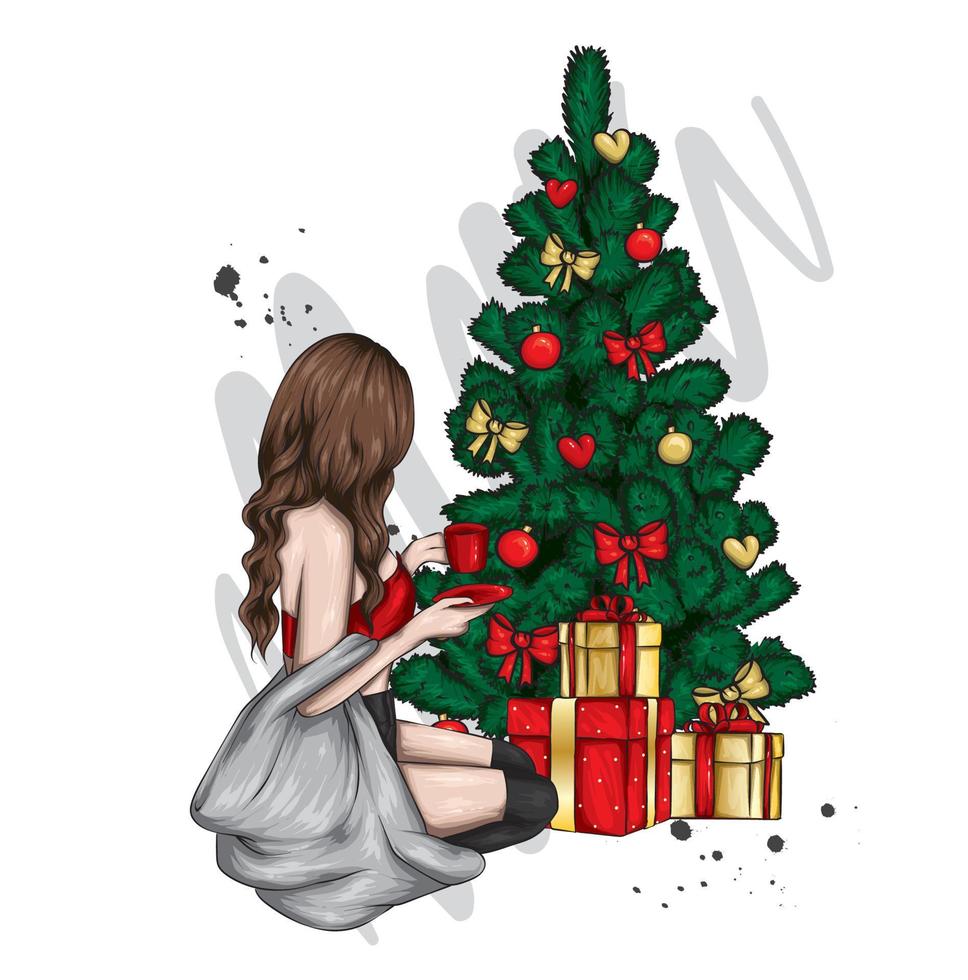 Beautiful little girl in stylish clothes and a Christmas tree. New year, postcard or poster. vector