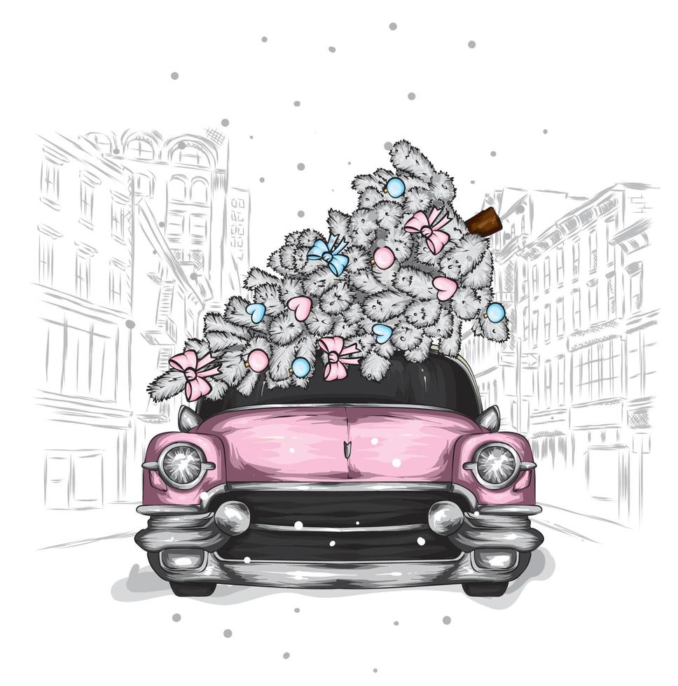 Beautiful retro car and Christmas tree. New year, postcard or poster. vector