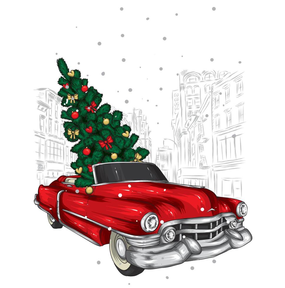 Beautiful retro car and Christmas tree. New year, postcard or poster. vector