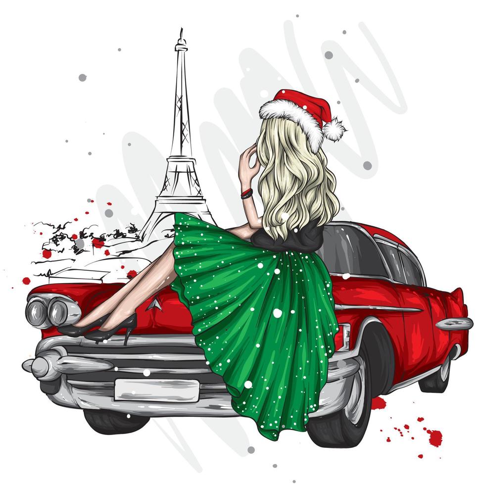 chica guapa en ropa de navidad y un coche retro. moda y estilo, indumentaria y complementos. vector