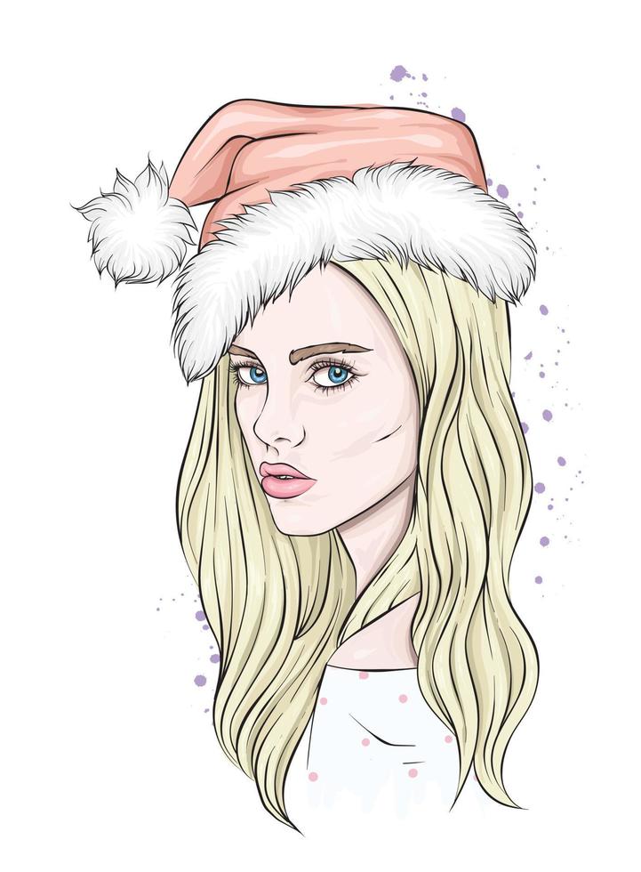 retrato de una hermosa niña con un sombrero de Navidad. moda y estilo. vector