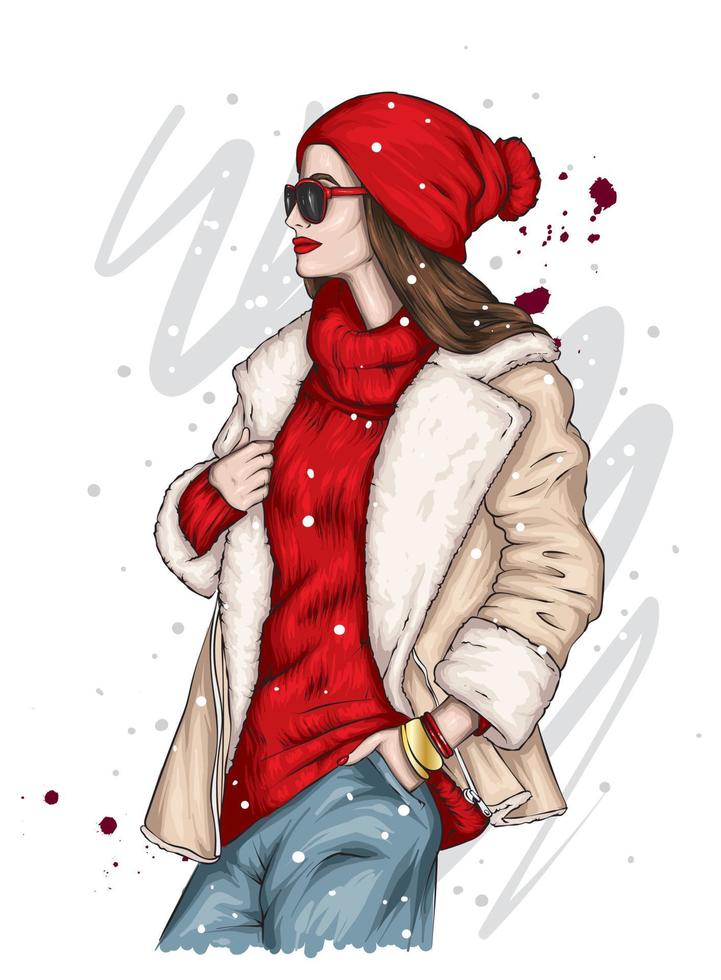 Beautiful girl in stylish clothes. New Year's and Christmas. vector