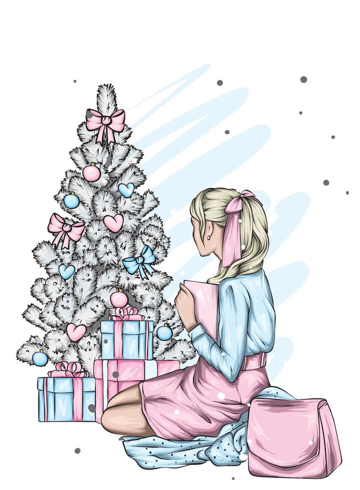 hermosa chica con ropa elegante y un árbol de Navidad. vintage y retro, moda y estilo. vector