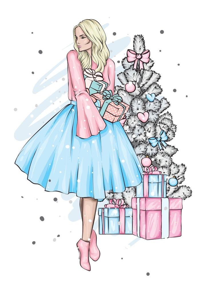 Beautiful girl in stylish clothes and a Christmas tree. Vintage and retro, fashion and style. vector