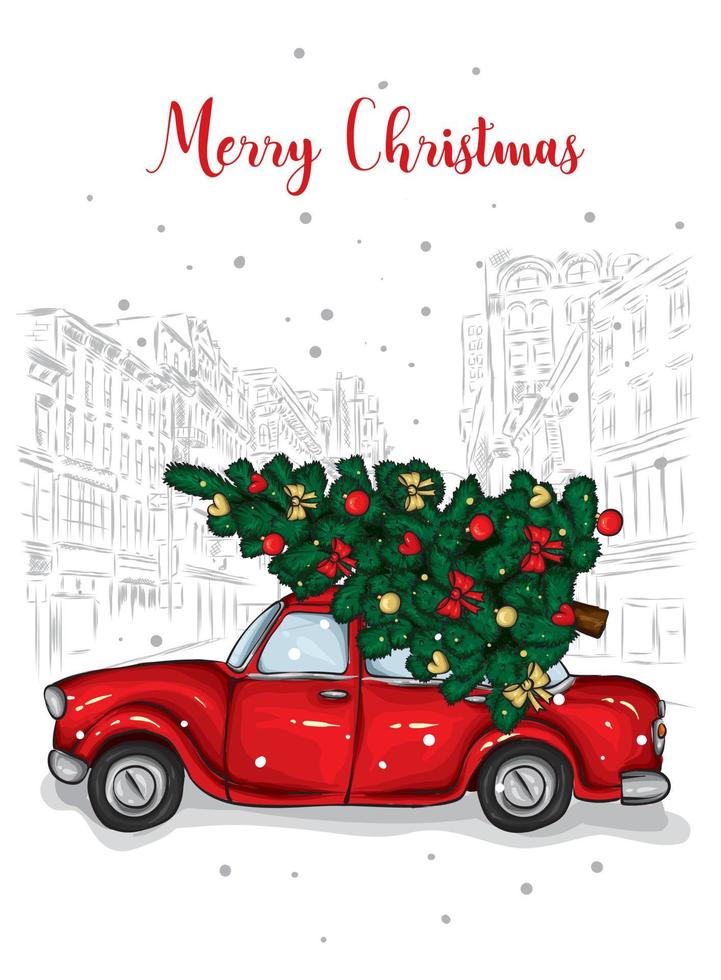 A beautiful Christmas tree in the vector. Illustration for a card or poster. New Year's and Christmas. Taxi, car. vector