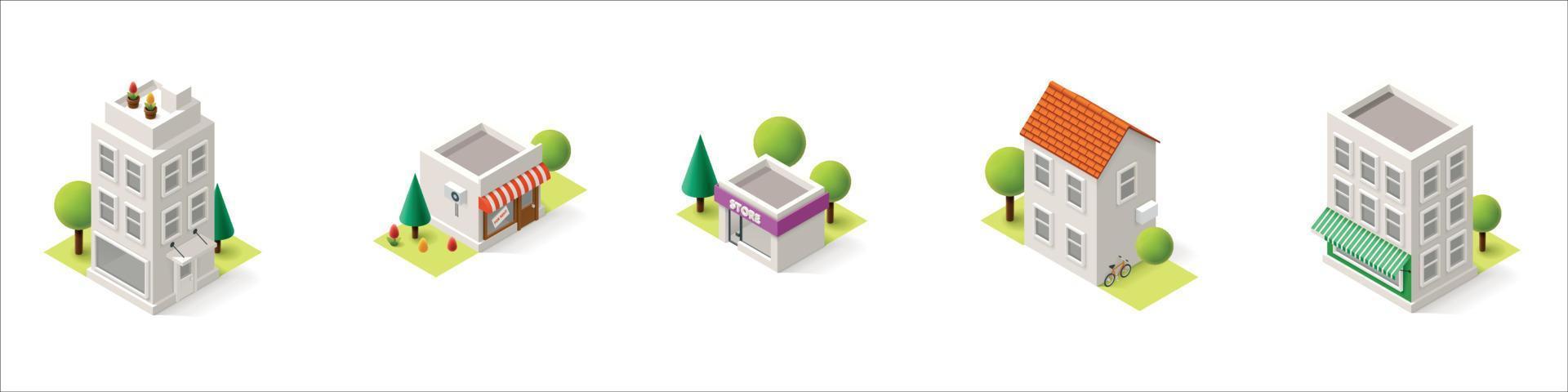 Vector low poly isometric buildings set