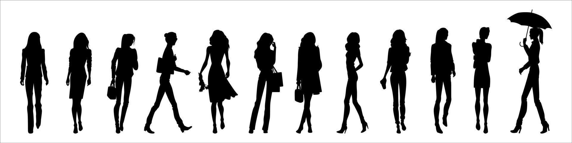 The black silhouettes of fashion models walking vector