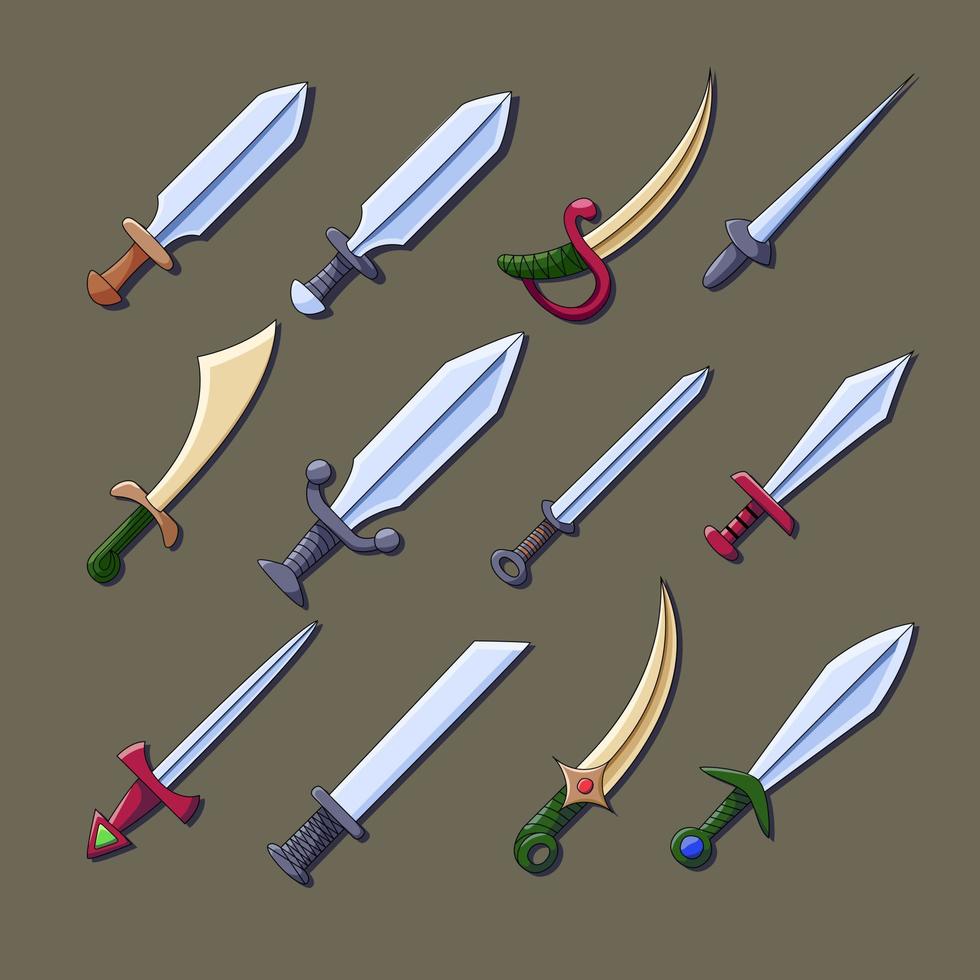 Swords and knives set for games and illustrations. Different types. vector