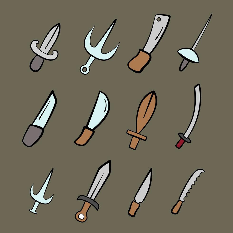 colección de espadas y cuchillos dibujados a mano. diferentes tipos. perfecto para los activos del juego. vector