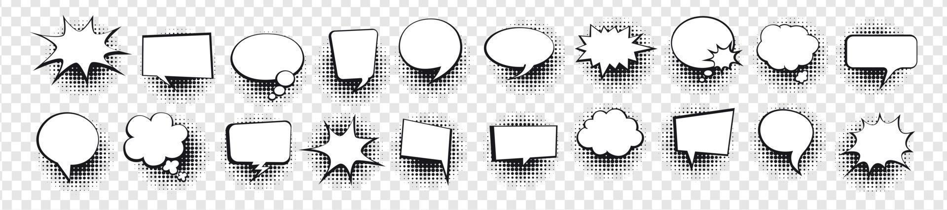 Retro empty comic speech bubbles set with black halftone shadows. vector