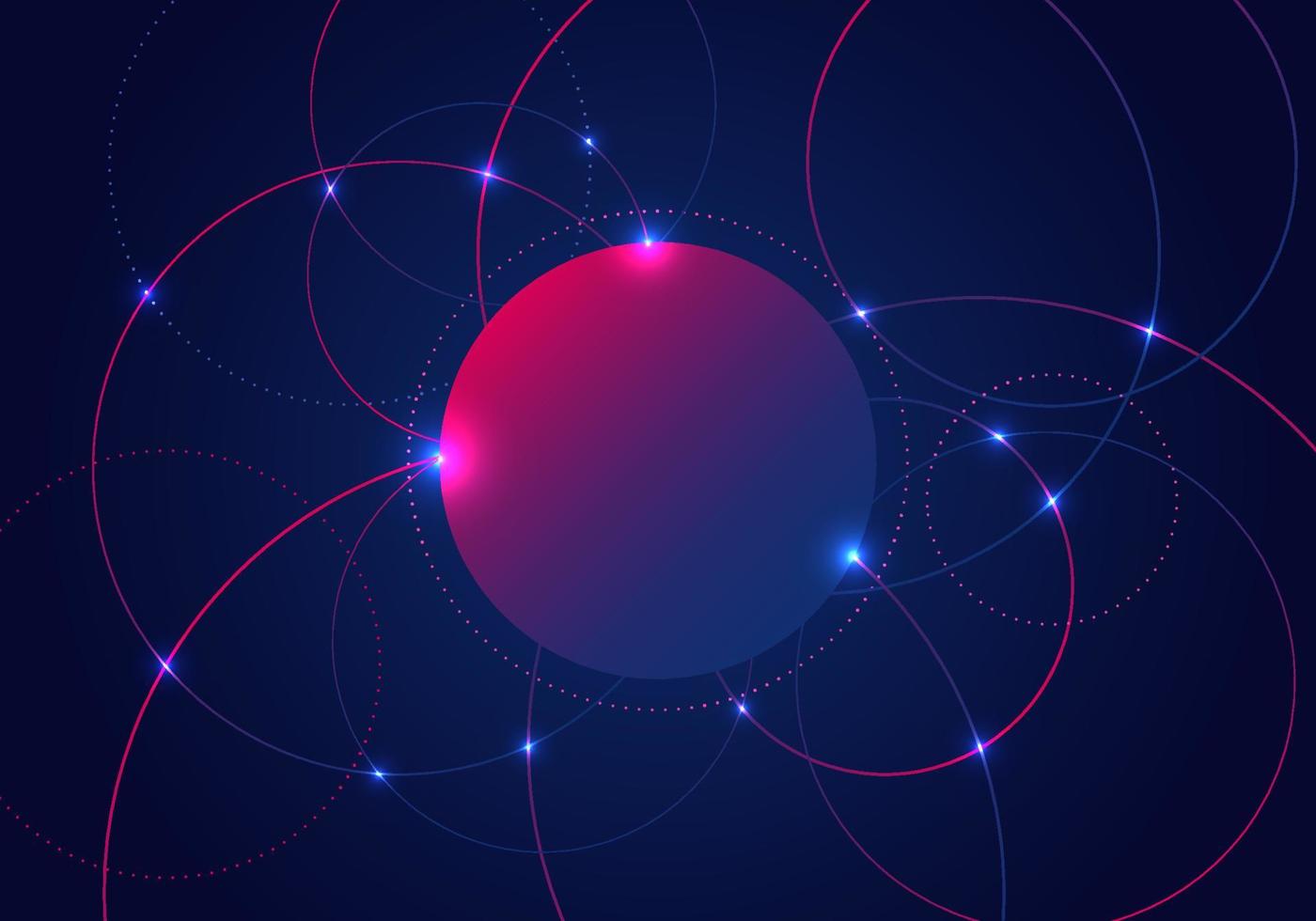 Abstract circles lines and glow light dots on dark blue background vector