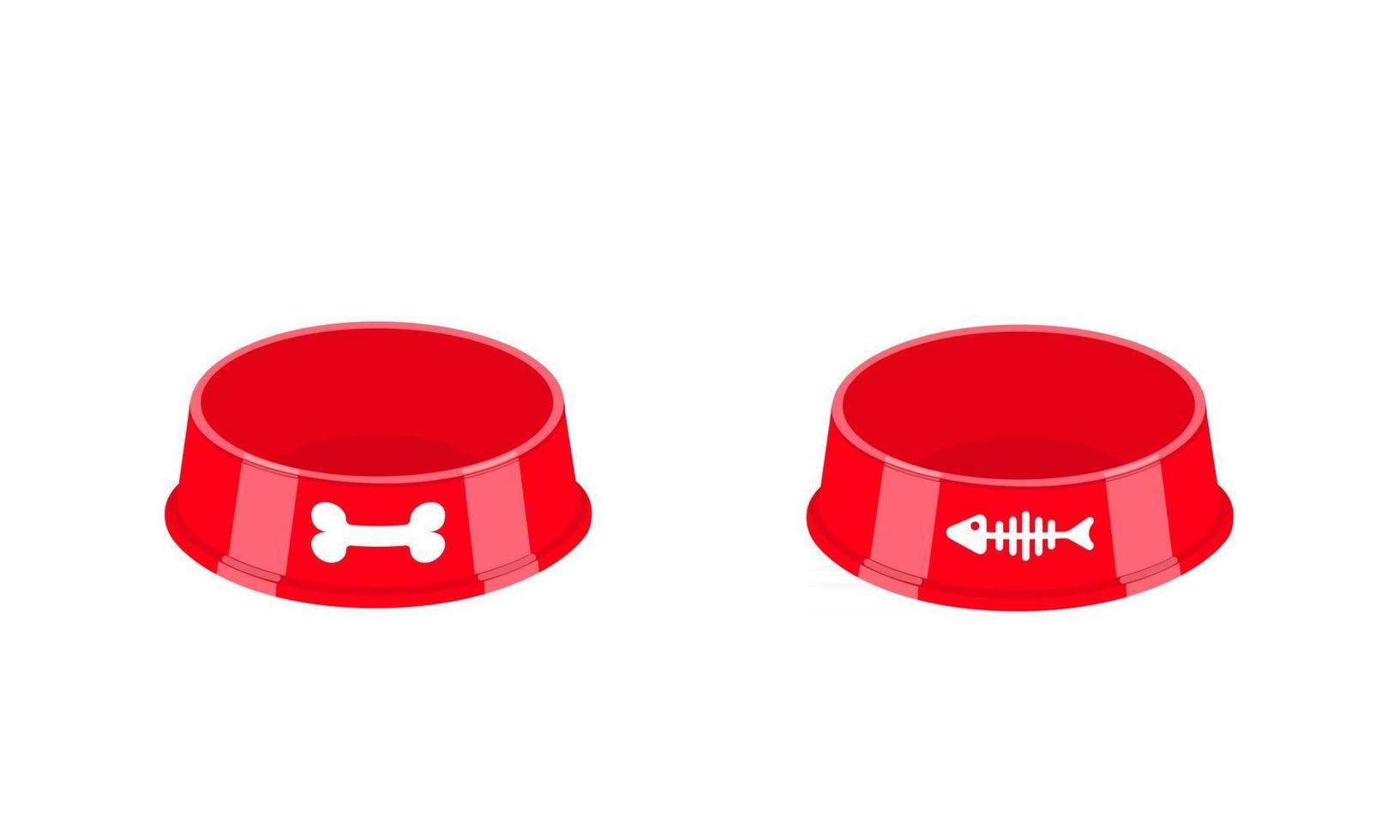 Empty dog and cat food bowls with bone and fish bone icons. Pet plastic plates vector