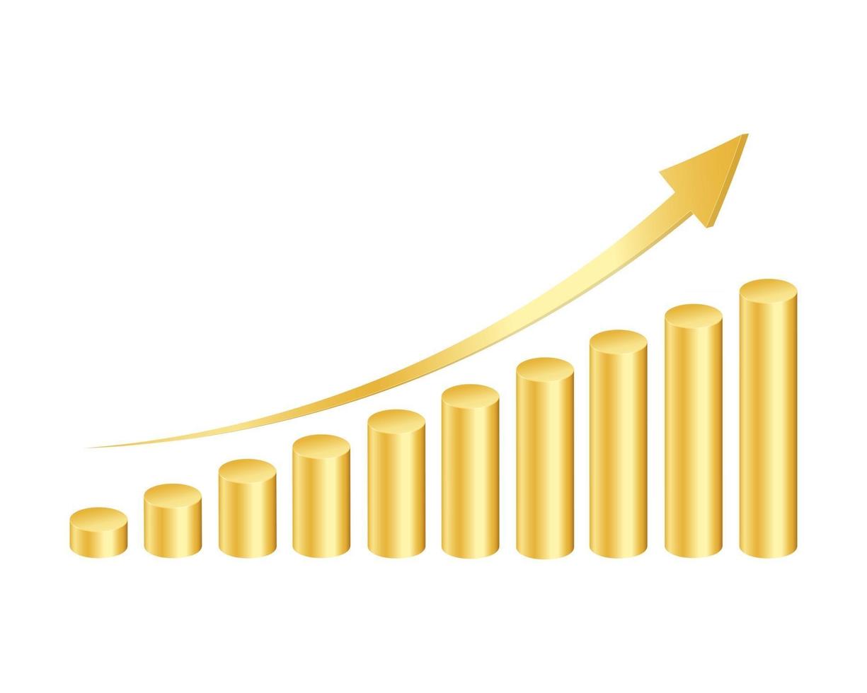 Golden cylinders bar graph with rising arrow. Growth rate symbol. Column chart for finance statistical infographic vector