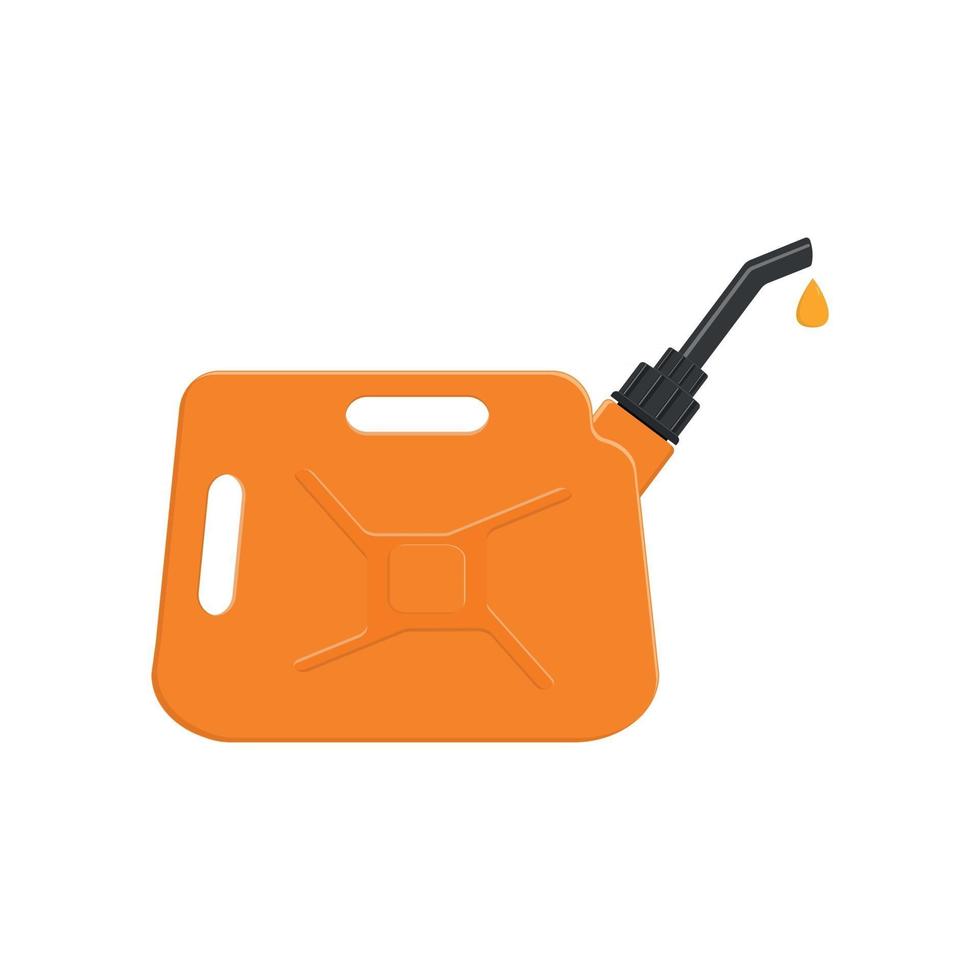 Gasoline can with spout and pouring petrol drop. Orange fuel jerrycan vector